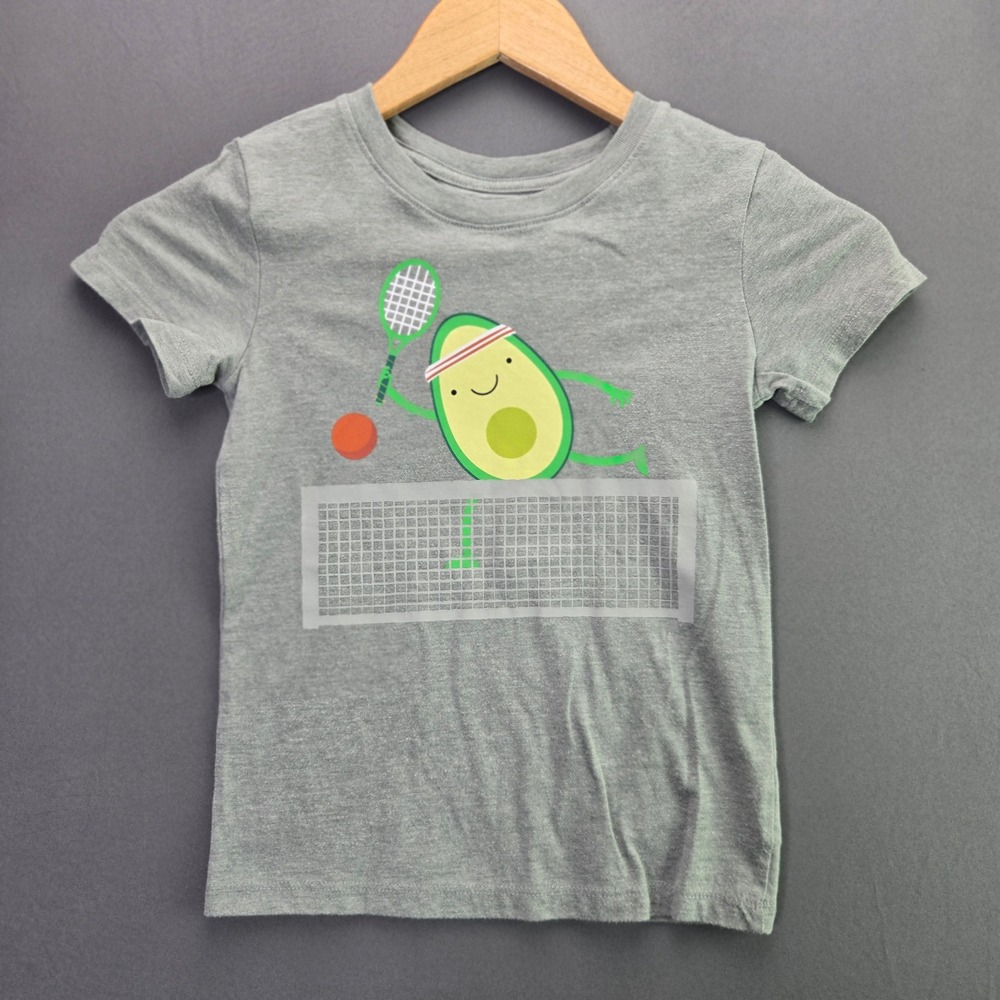 Cat & Jack Kids T-Shirt Avocado Tennis Graphic Tee 4T Gray Short Sleeve Cotton